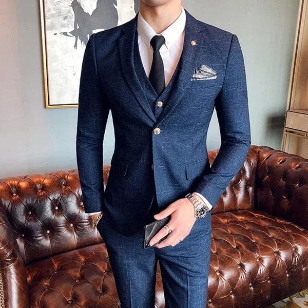 SHOWLU Men's three-piece formal business suit with blazer, vest, and pants in solid color plaid for wedding or party, slim fit style.