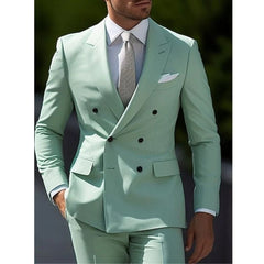 Sage Green Men's Wedding Suits Solid Color 2 Piece Daily Plus Size Double Breasted Six - buttons Formal Business Suits - SHOWLU FASHION STORE