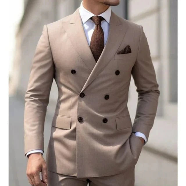 Sage green men's double-breasted wedding suit with six buttons, two-piece formal business attire, shown on a model.