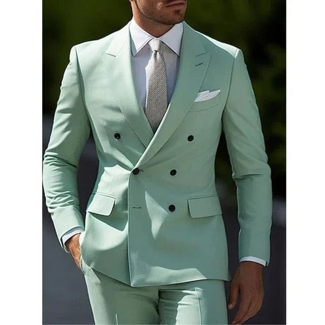 Sage green men's double-breasted wedding suit by Showlu Fashion Store, featuring six buttons, solid color, and tailored fit.