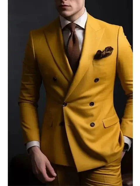 Sage green double-breasted men's wedding suit with six buttons, two-piece formal attire, from Showlu Fashion Store.