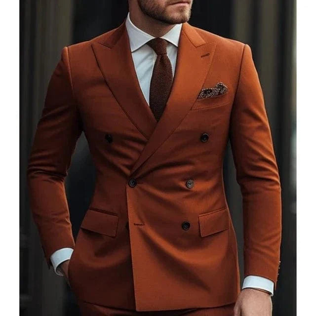 Sage green double-breasted men's wedding suit with six buttons, two-piece formal attire, ideal for weddings and special occasions.