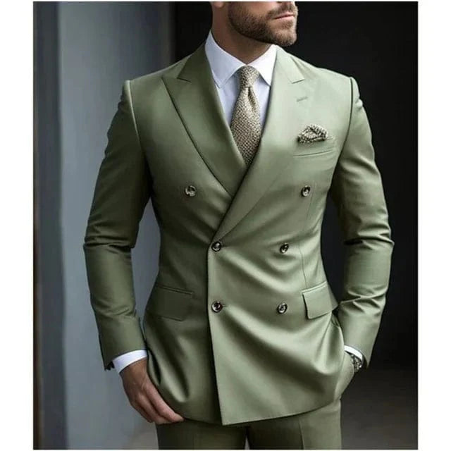 Sage green men's double-breasted wedding suit with six buttons, solid color, formal two-piece design, from Showlu Fashion Store.