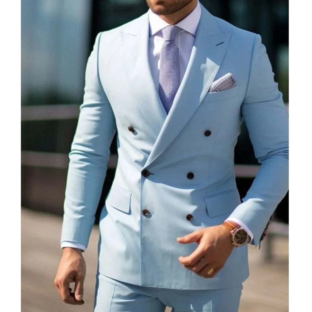 Sage green men's double-breasted wedding suit with six buttons, two-piece formal attire, stylish and tailored for special occasions.