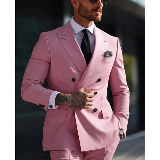 Sage green men's double-breasted wedding suit with six buttons, two-piece formal business attire, from Showlu Fashion Store.