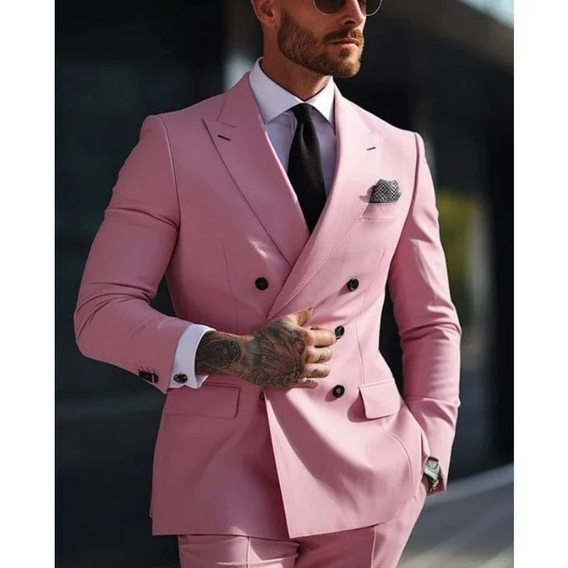 Sage green men's double-breasted wedding suit with six buttons, made by Showlu Fashion Store, featuring a tailored 2-piece formal design.