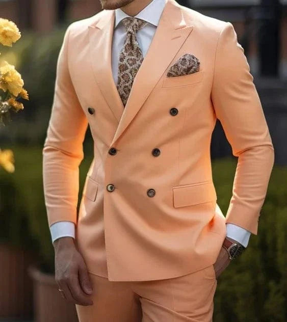 Sage green double-breasted men's wedding suit with six buttons, solid color, tailored fit, suitable for formal or business occasions.