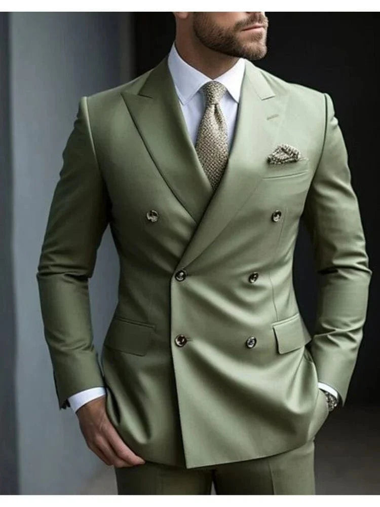 Sage green double-breasted men's wedding suit by Showlu Fashion, solid color 2-piece formal business suit with six buttons.