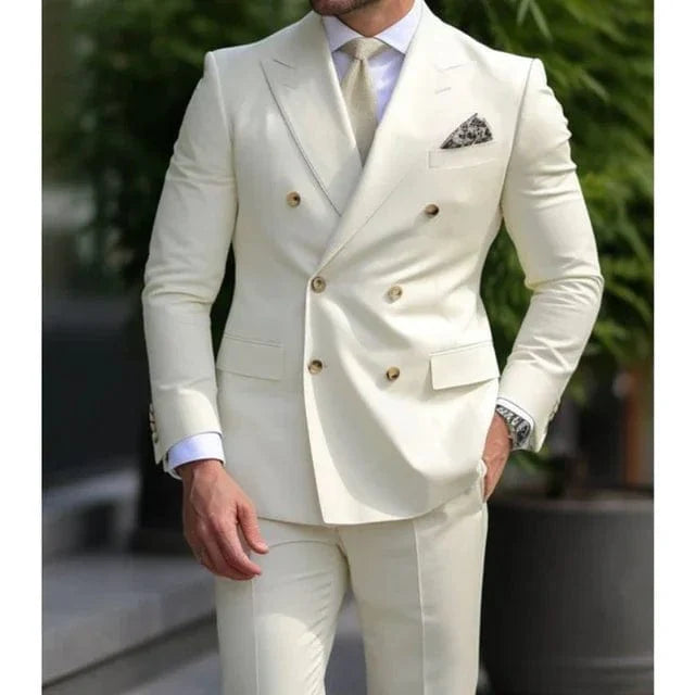 Sage green double-breasted men's wedding suit with six buttons, two-piece formal attire, tailored fit, from Showlu Fashion Store.