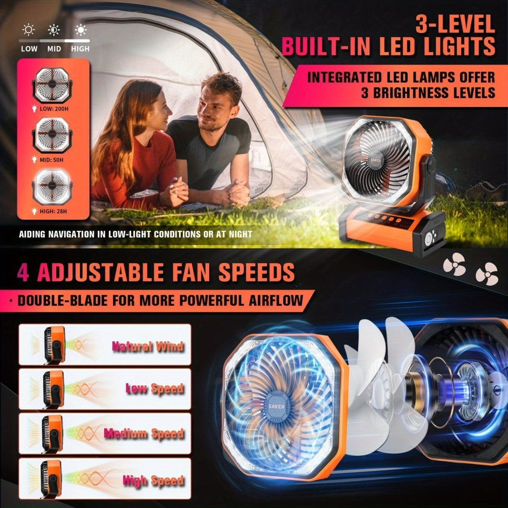 Showlu Rechargeable Camping Fan with 20000mAh battery, LED lantern, hanging hook, and remote for portable outdoor use.