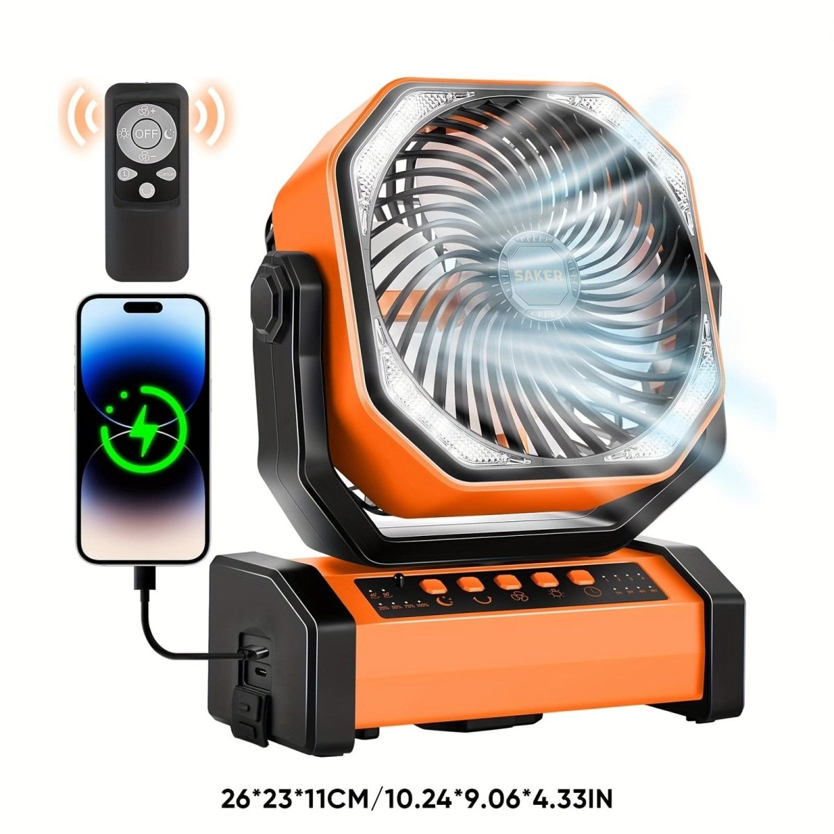 Rechargeable Saker camping fan with 20000mAh battery, LED lantern, remote, hanging hook, and oscillating, portable for outdoor use