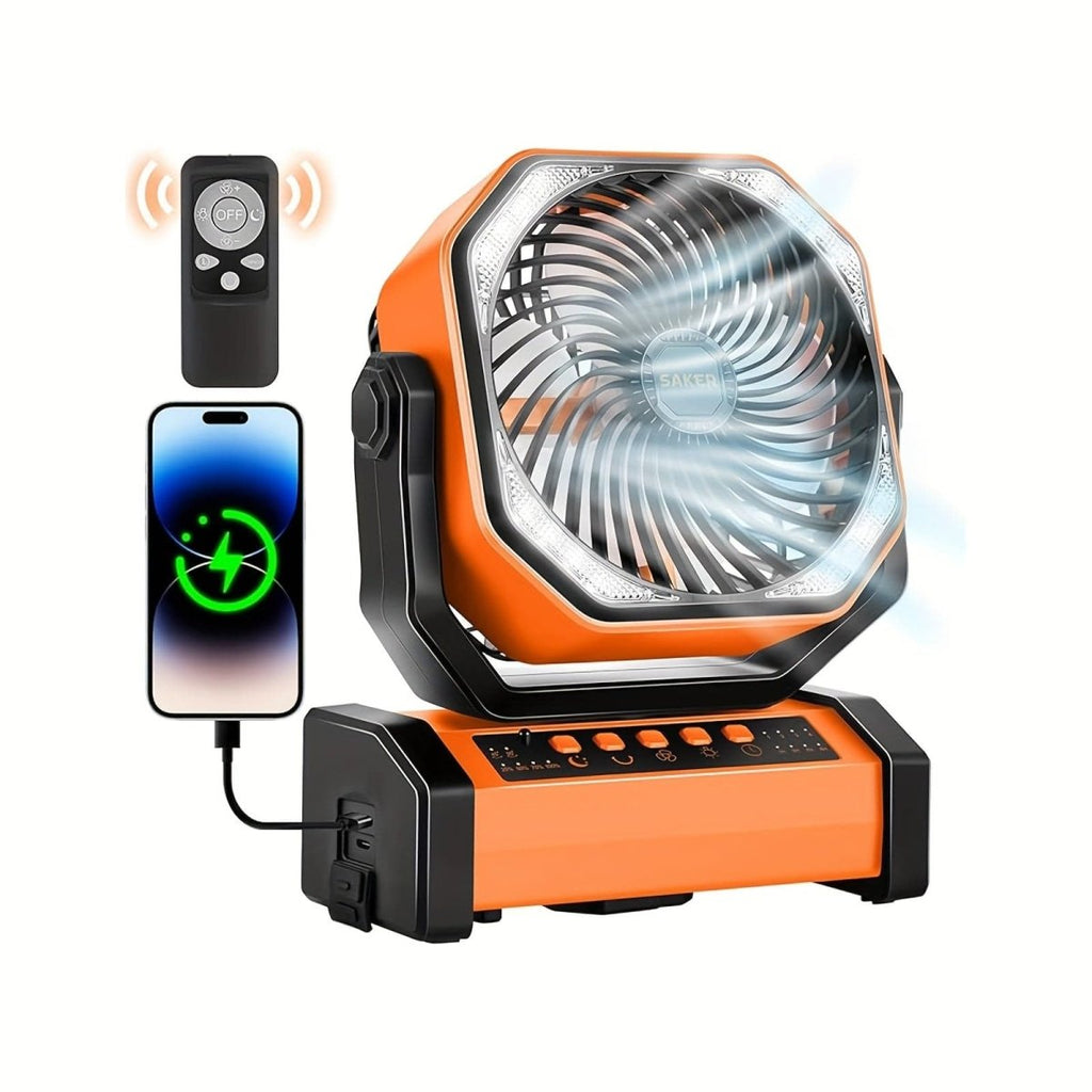 Showlu Rechargeable Camping Fan with 20000mAh battery, LED lantern, hanging hook, oscillating fan for camping, travel, and outdoor use.