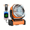 Showlu Rechargeable Camping Fan with 20000mAh battery, LED lantern, hanging hook, oscillating fan for camping, travel, and outdoor use.
