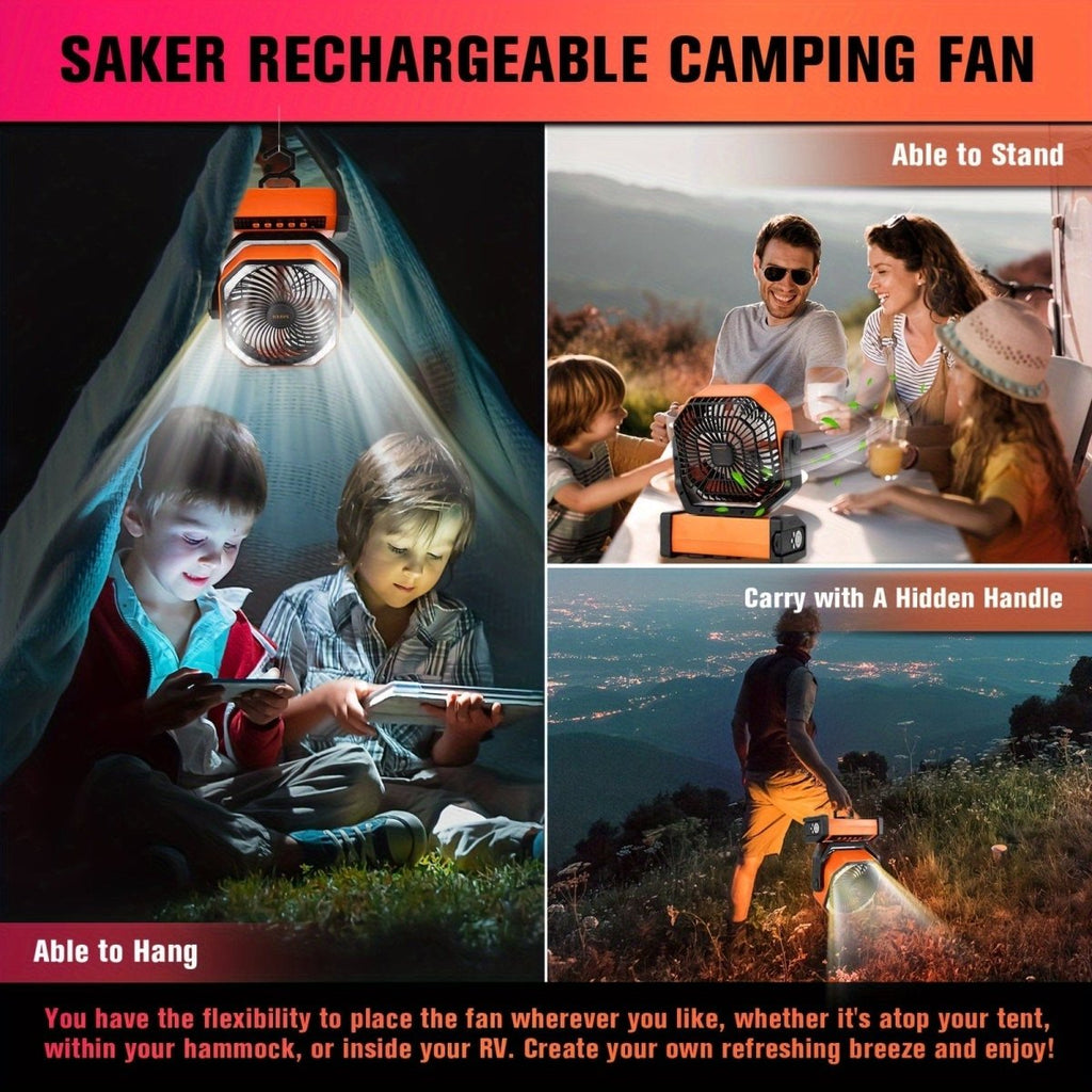 Rechargeable Saker camping fan with 20000mAh battery, LED lantern, hanging hook, and remote, ideal for outdoor camping and travel.