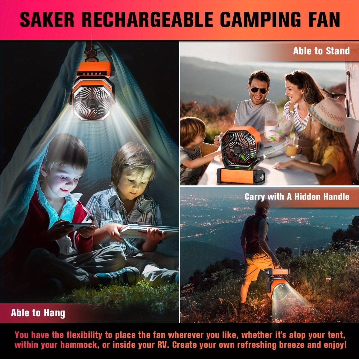 Rechargeable Saker camping fan with 20000mAh battery, LED lantern, hanging hook, and remote, ideal for outdoor camping and travel.