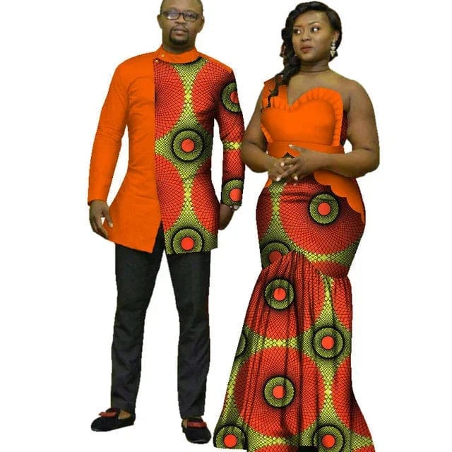 African Dashiki top and matching Bazin Riche wedding dress, traditional African attire for men and women, stylish and elegant.