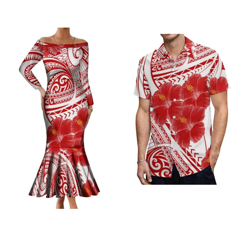 Polynesian off-the-shoulder mermaid dress with hibiscus flower print by Showlu Fashion, featuring a fitted silhouette and vibrant floral design.