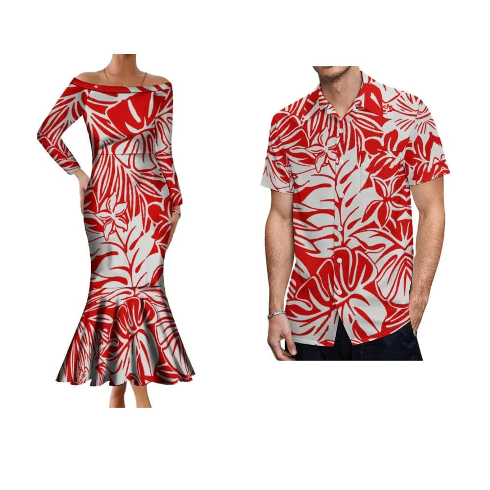 Polynesian Samoa Hibiscus off-the-shoulder mermaid dress with floral pattern, worn by a woman, showcasing elegant tropical style.