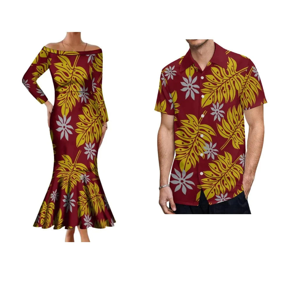 Polynesian Samoa Hibiscus off-the-shoulder mermaid dress by Showlu Fashion, featuring vibrant hibiscus floral pattern and elegant fit.