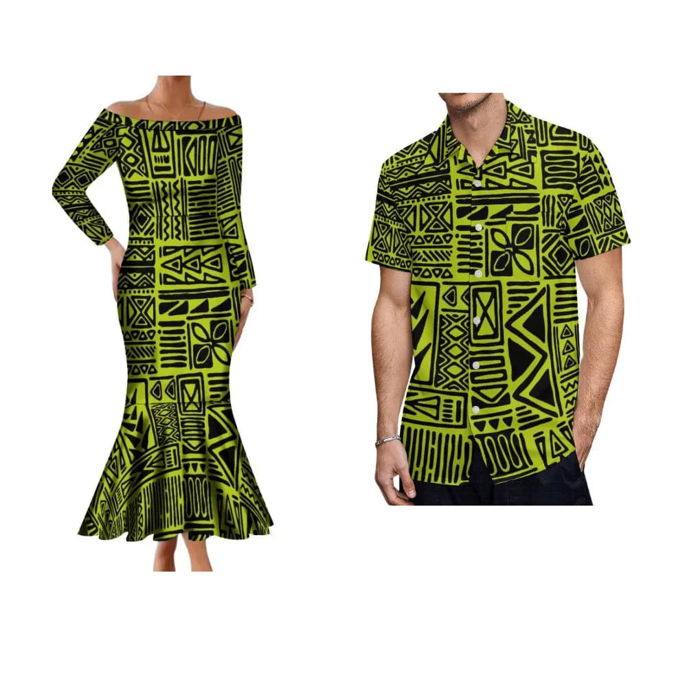 Polynesian Samoa Hibiscus off-the-shoulder mermaid dress by Showlu Fashion, featuring vibrant floral pattern and fitted silhouette.