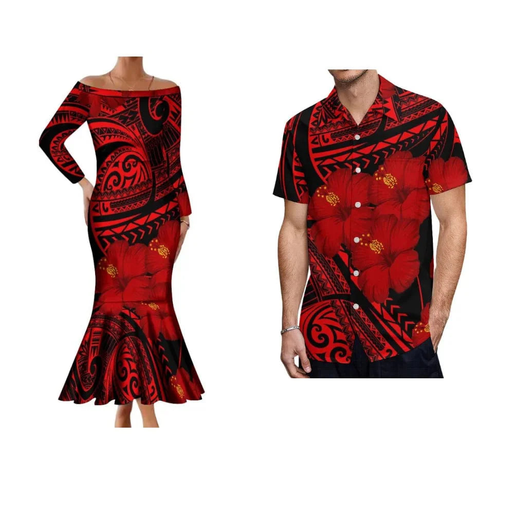Polynesian Samoa Hibiscus off-the-shoulder mermaid dress by Showlu Fashion featuring vibrant floral print and fitted silhouette.