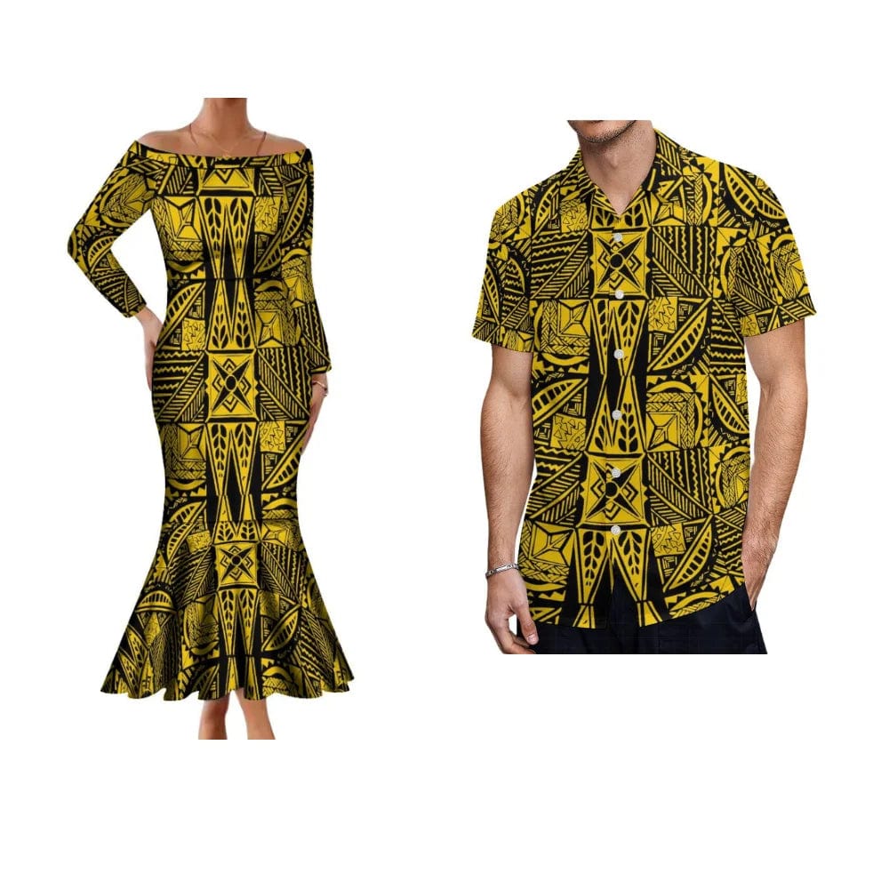 Polynesian Samoa Hibiscus off-the-shoulder mermaid dress by Showlu Fashion featuring vibrant floral print and fitted silhouette.