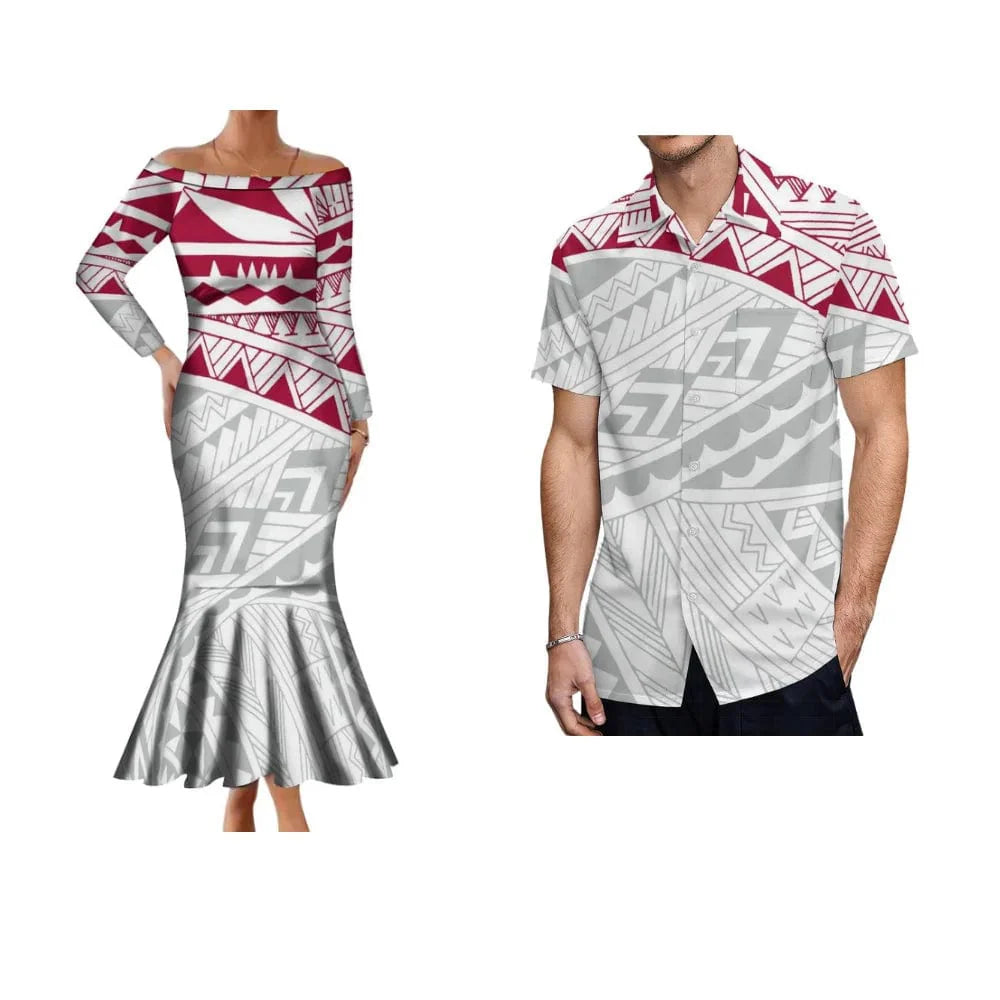 Polynesian Samoa Hibiscus off-the-shoulder mermaid dress with floral patterns, worn by a woman, showcasing vibrant tropical style.