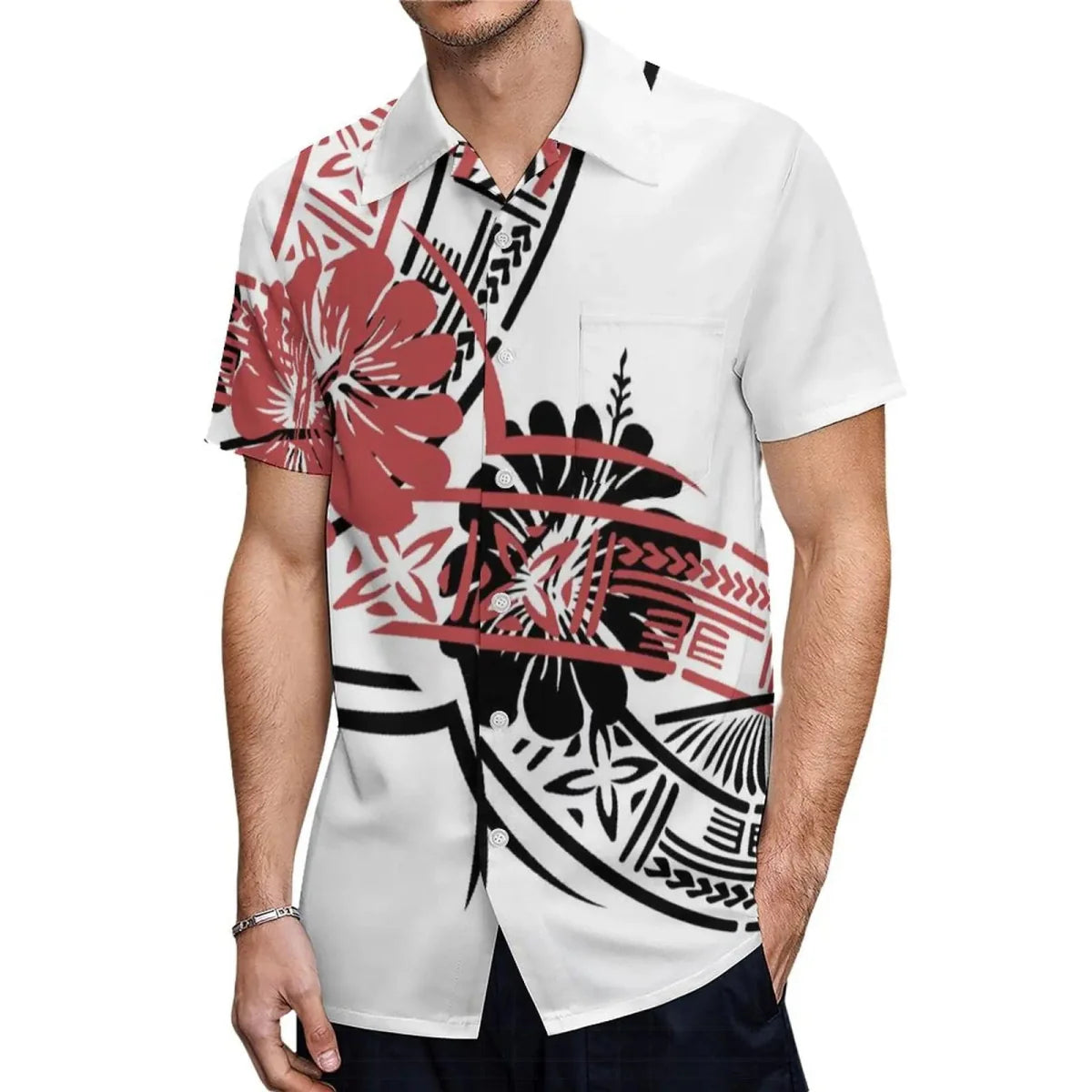Showlu Fashion Samoa Polynesian print women's ruffle dress and men's Hawaiian shirt with vibrant white Polynesian patterns.