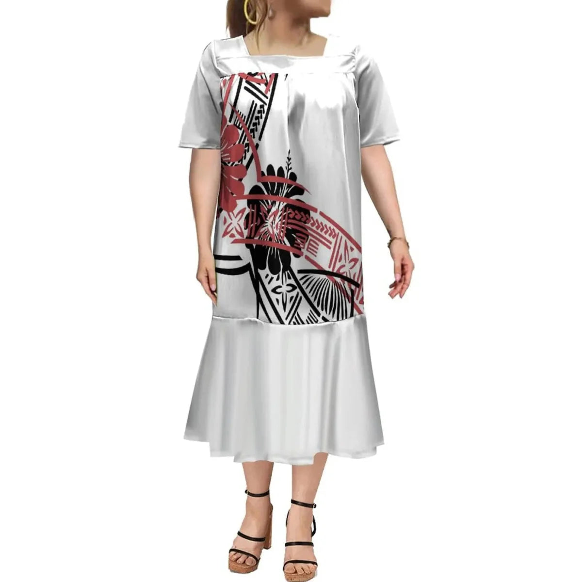 Showlu Fashion Samoa Polynesian print women's ruffle dress and men's Hawaiian shirt, featuring vibrant floral and traditional patterns.