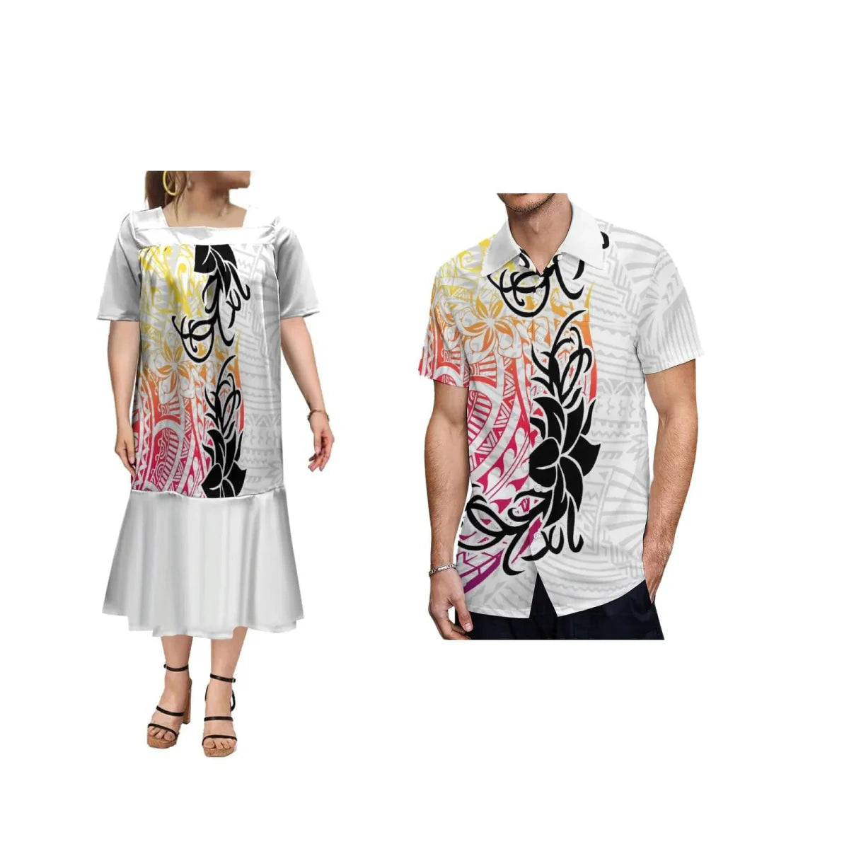Showlu Fashion Samoa Polynesian print women's ruffle dress and men's Hawaiian shirt, featuring vibrant white and traditional patterns.