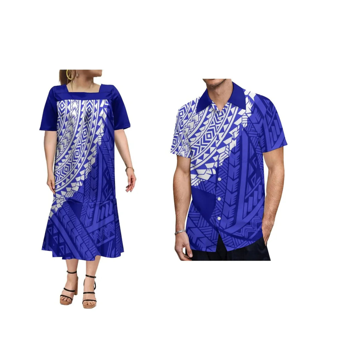 Showlu Fashion Samoa Polynesian print ruffle dress for women and matching men's shirt with Hawaiian floral pattern, white fabric.
