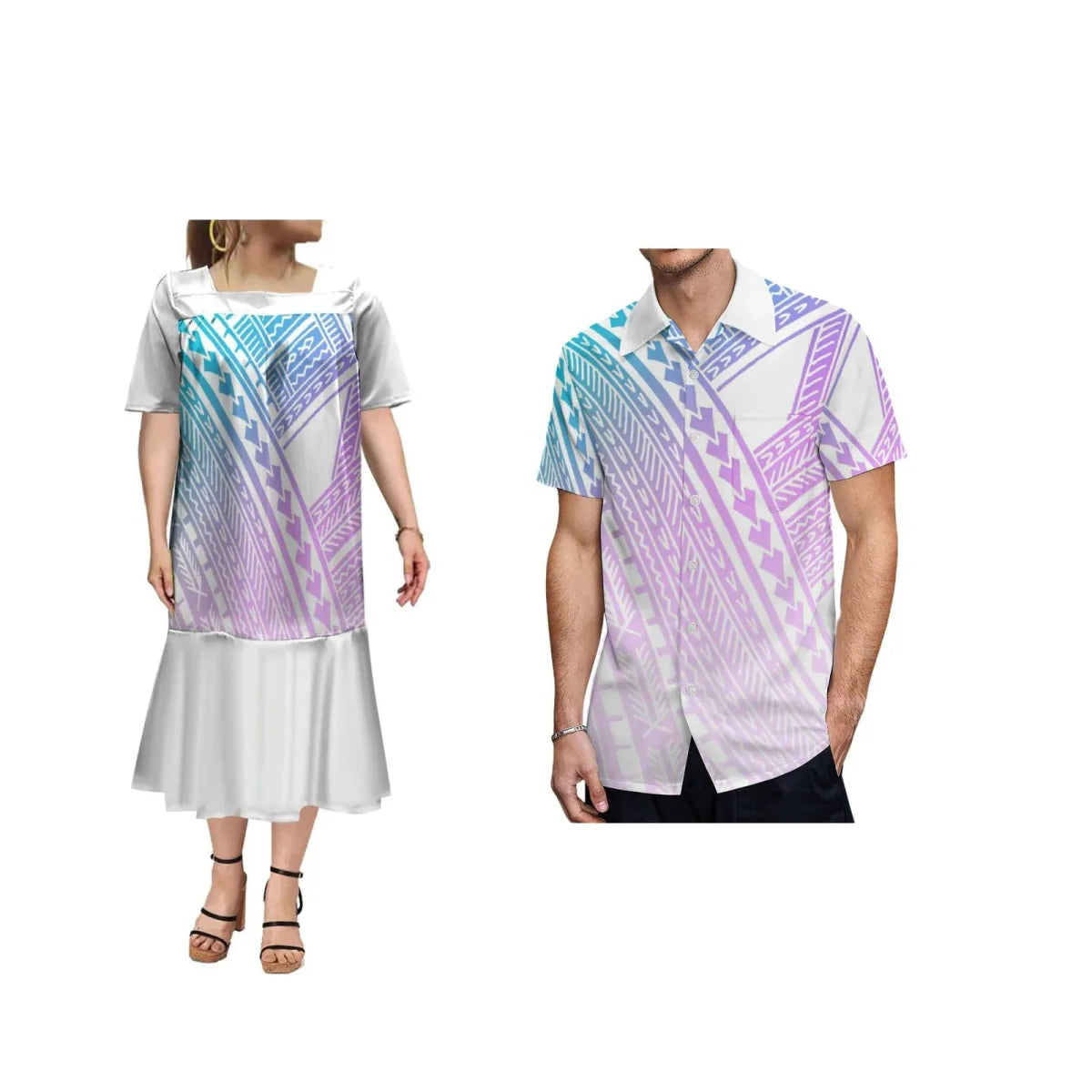 Showlu Fashion Samoa Polynesian print women's ruffle dress and men's Hawaiian shirt featuring vibrant tropical patterns and traditional styles.
