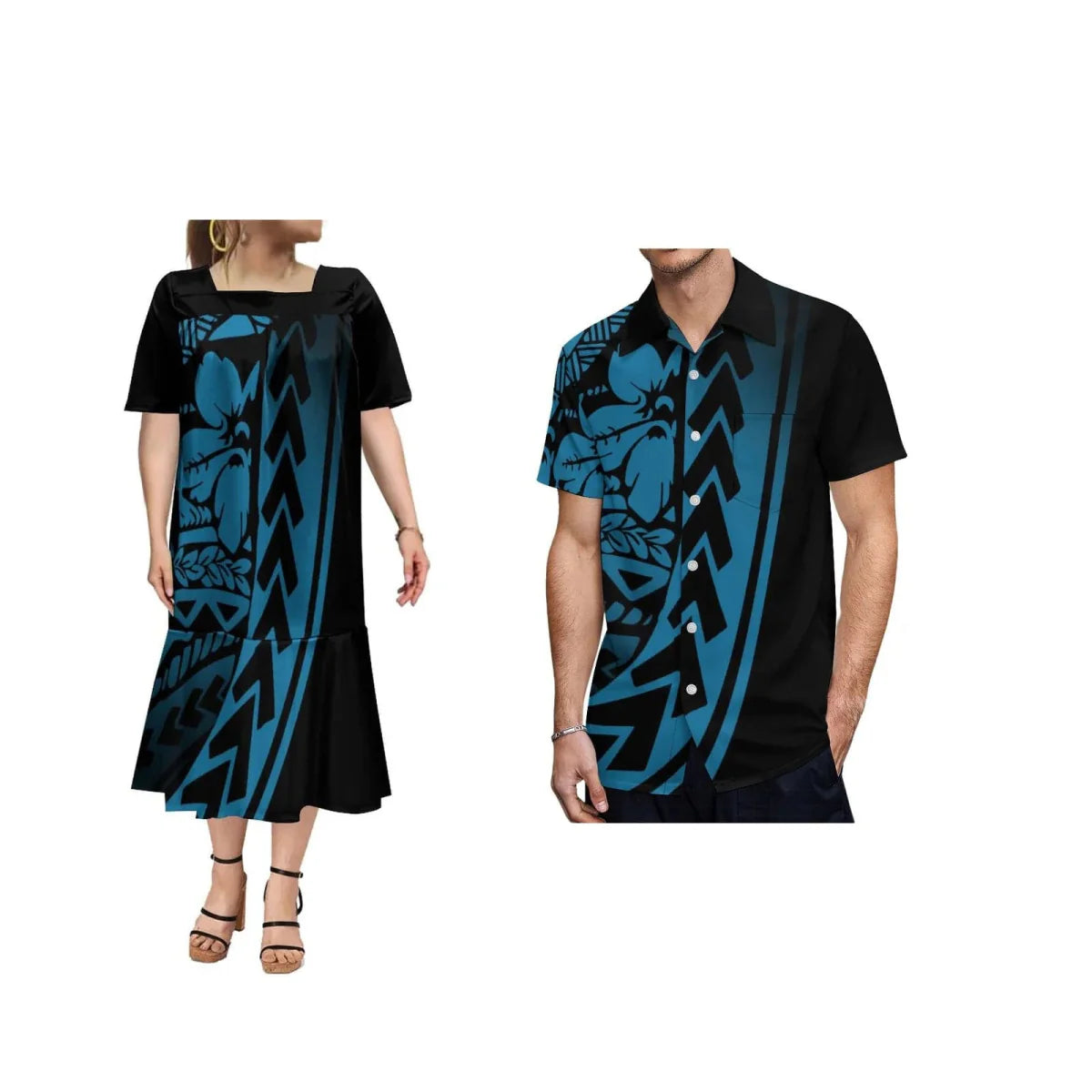 Polynesian print ruffle dress for women and matching Hawaiian shirt for men, white fabric with vibrant Samoa-inspired patterns.