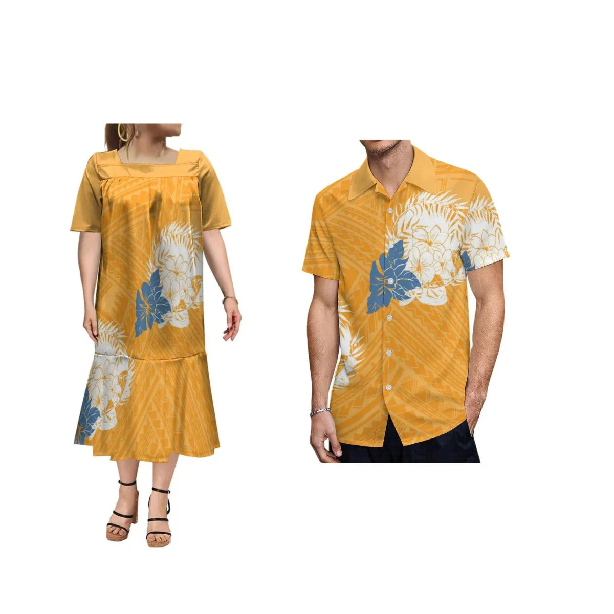 Samoa Polynesian print women's ruffle dress and men's Hawaiian shirt with colorful floral patterns, casual summer wear.