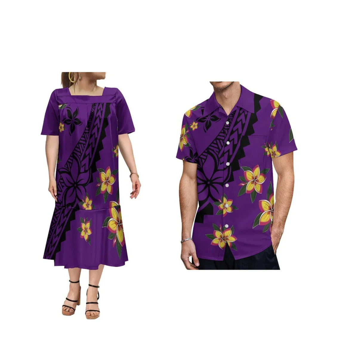 Showlu Fashion Samoa Polynesian print women's ruffle dress and men's Hawaiian shirt with vibrant floral and geometric patterns.