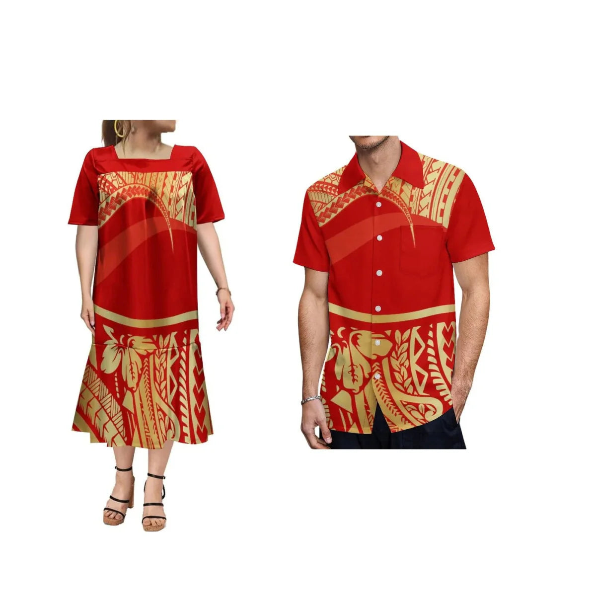 Showlu Fashion Samoa Polynesian print ruffle women's dress and men's shirt with vibrant floral and traditional patterns on white fabric.