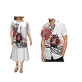 Samoa Polynesian print ruffle dress and men's Hawaiian shirt featuring vibrant tropical patterns and traditional designs.