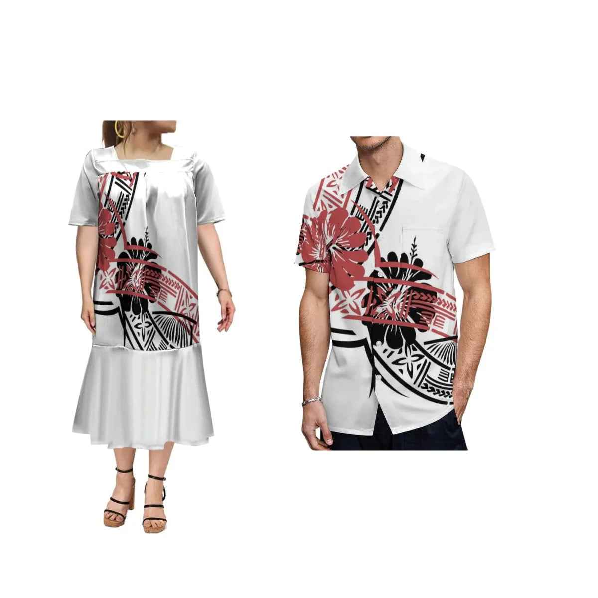 Samoa Polynesian print ruffle dress and men's Hawaiian shirt featuring vibrant tropical patterns and traditional designs.