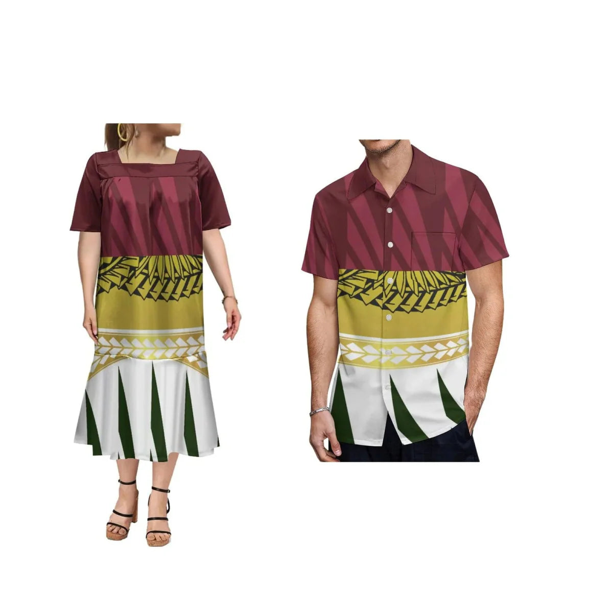 Showlu Fashion Samoa Polynesian print women's ruffle dress and men's Hawaiian shirt, featuring vibrant white floral patterns.