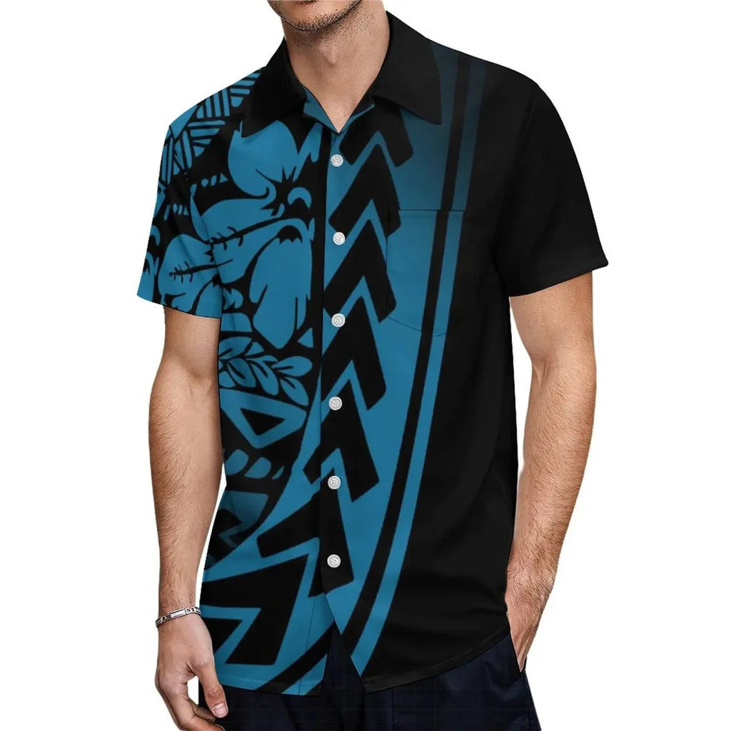 Showlu Fashion Samoa Polynesian print women's ruffle dress and men's shirt, featuring vibrant Hawaiian-style floral patterns