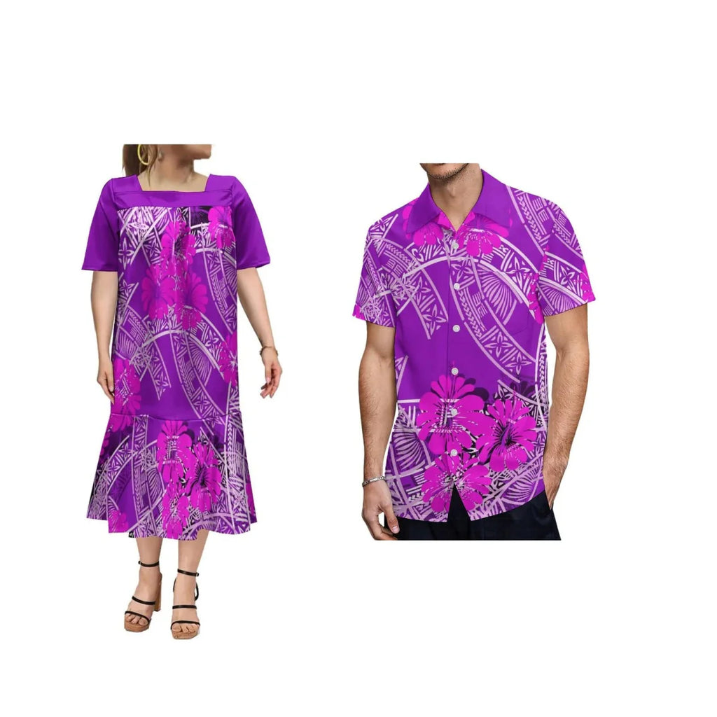Showlu Fashion Samoa Polynesian print women's ruffle dress and men's Hawaiian shirt, featuring traditional patterns and vibrant designs.