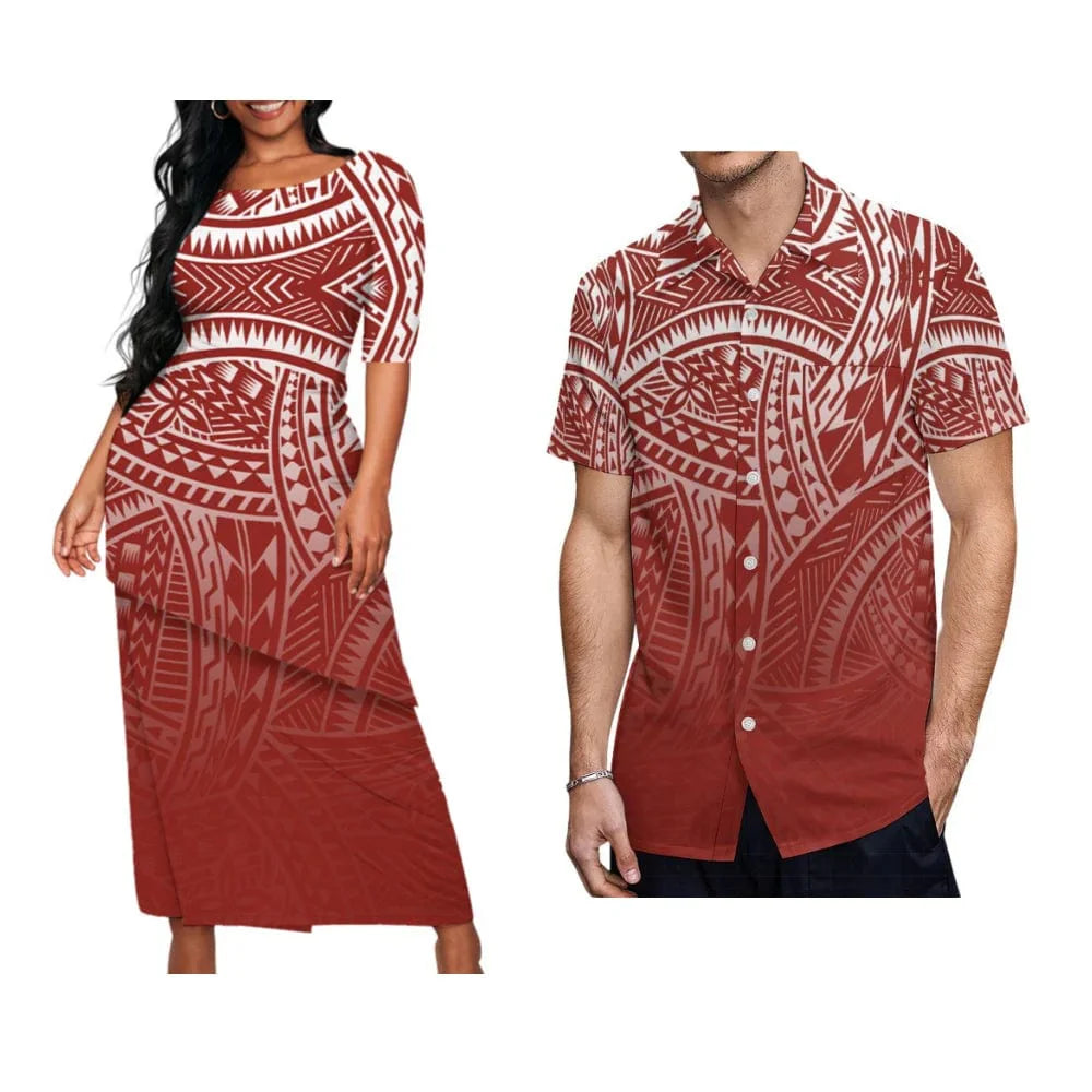 Samoan tribal print Puletasi dress for women and matching Hawaiian shirt for men by Showlu Fashion Store, traditional Polynesian style.