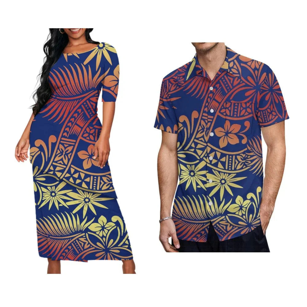 Showlu Fashion Samoa tribal print women's puletasi dress and men's Hawaiian shirt set, featuring colorful Polynesian-inspired designs.
