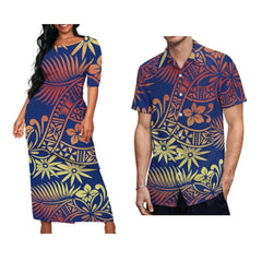 Samoan Tribal Print Summer Women's Double Suit Long Cress Puletasi Men's Hawaiian Shirt Custom Polynesian Couple Dress - SHOWLU FASHION STORE