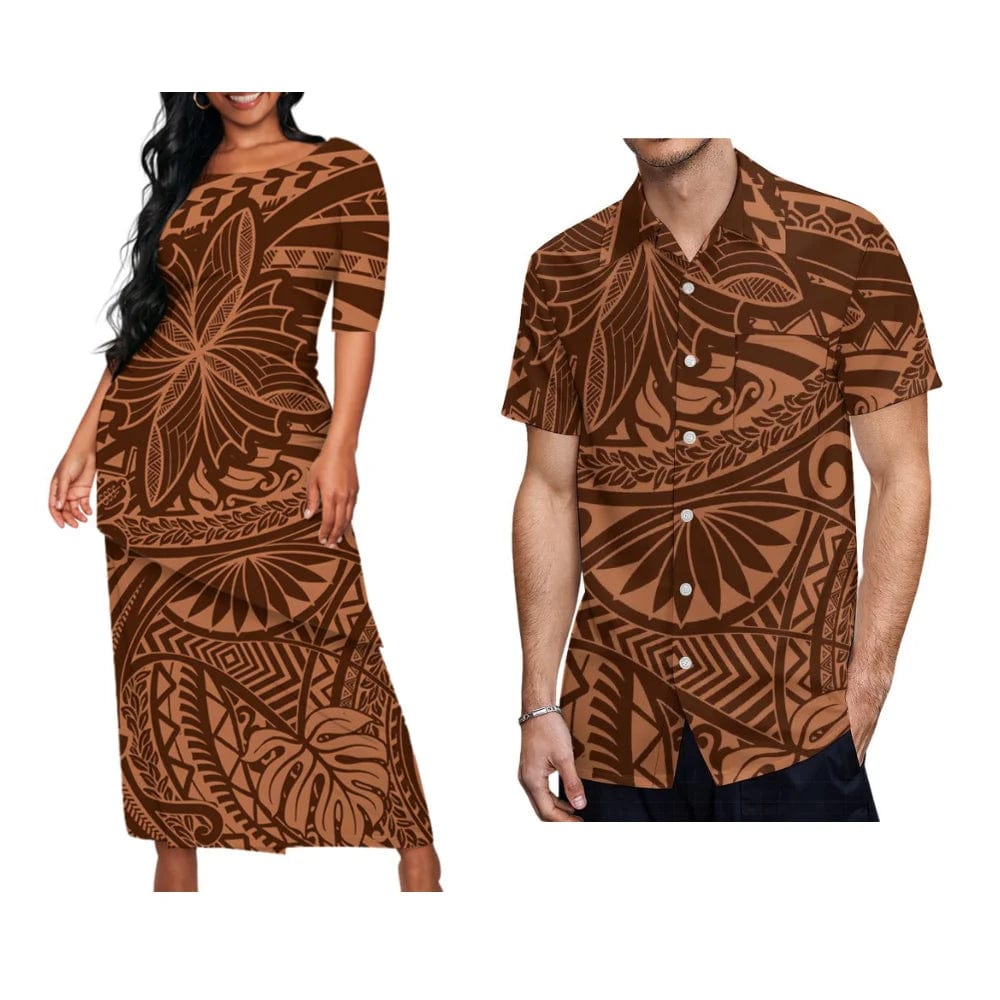Samoan Tribal Print Summer Women's Double Suit Long Cress Puletasi Men's Hawaiian Shirt Custom Polynesian Couple Dress - SHOWLU FASHION STORE