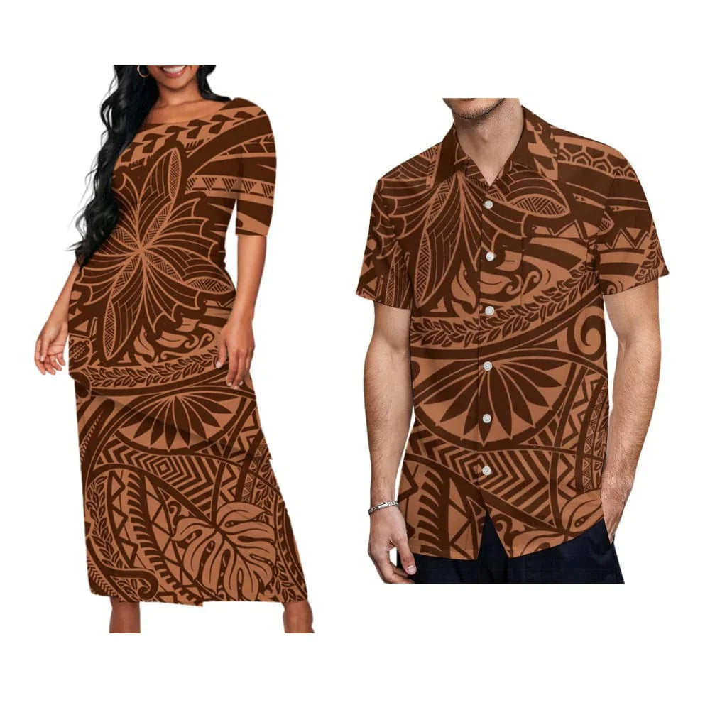 Samoan tribal print Puletasi dress and men's Hawaiian shirt set by Showlu Fashion Store, featuring traditional Polynesian design and vibrant patterns.