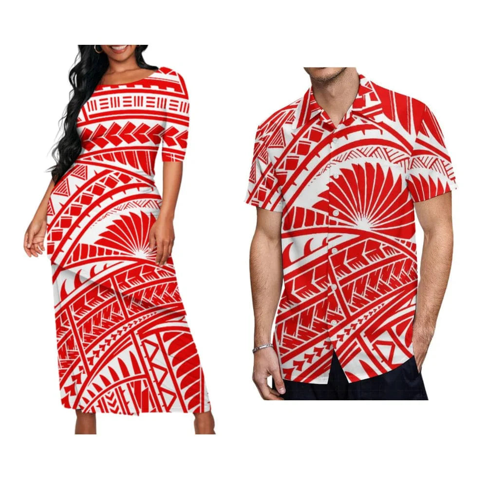 Samoan tribal print Puletasi dress for women and matching Hawaiian shirt for men from Showlu Fashion Store, featuring vibrant Polynesian patterns.