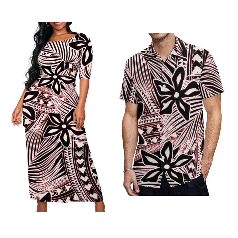 Samoan tribal print Puletasi dress and men's Hawaiian shirt set by Showlu Fashion Store, featuring vibrant Polynesian designs.