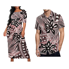 Samoan Tribal Print Summer Women's Double Suit Long Cress Puletasi Men's Hawaiian Shirt Custom Polynesian Couple Dress - SHOWLU FASHION STORE