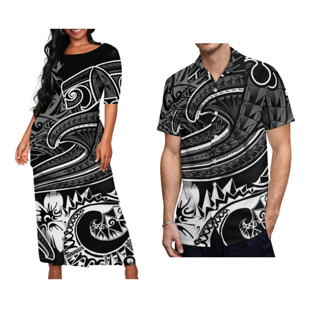 Samoan tribal print Puletasi dress and men's Hawaiian shirt set by Showlu Fashion, featuring vibrant Polynesian design and summer style.
